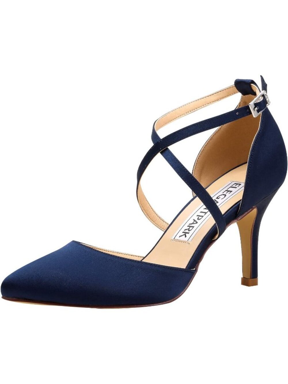 Women's Navy Blue Pointed Toe High Heels Pumps Strap Satin Wedding Evening Shoes